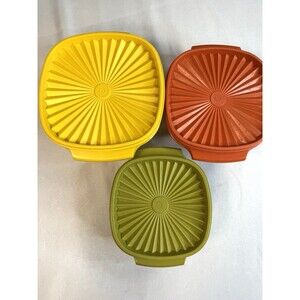 Vintage Tupperware 3-piece mixing bowl set w/lids yellow orange green HARVEST